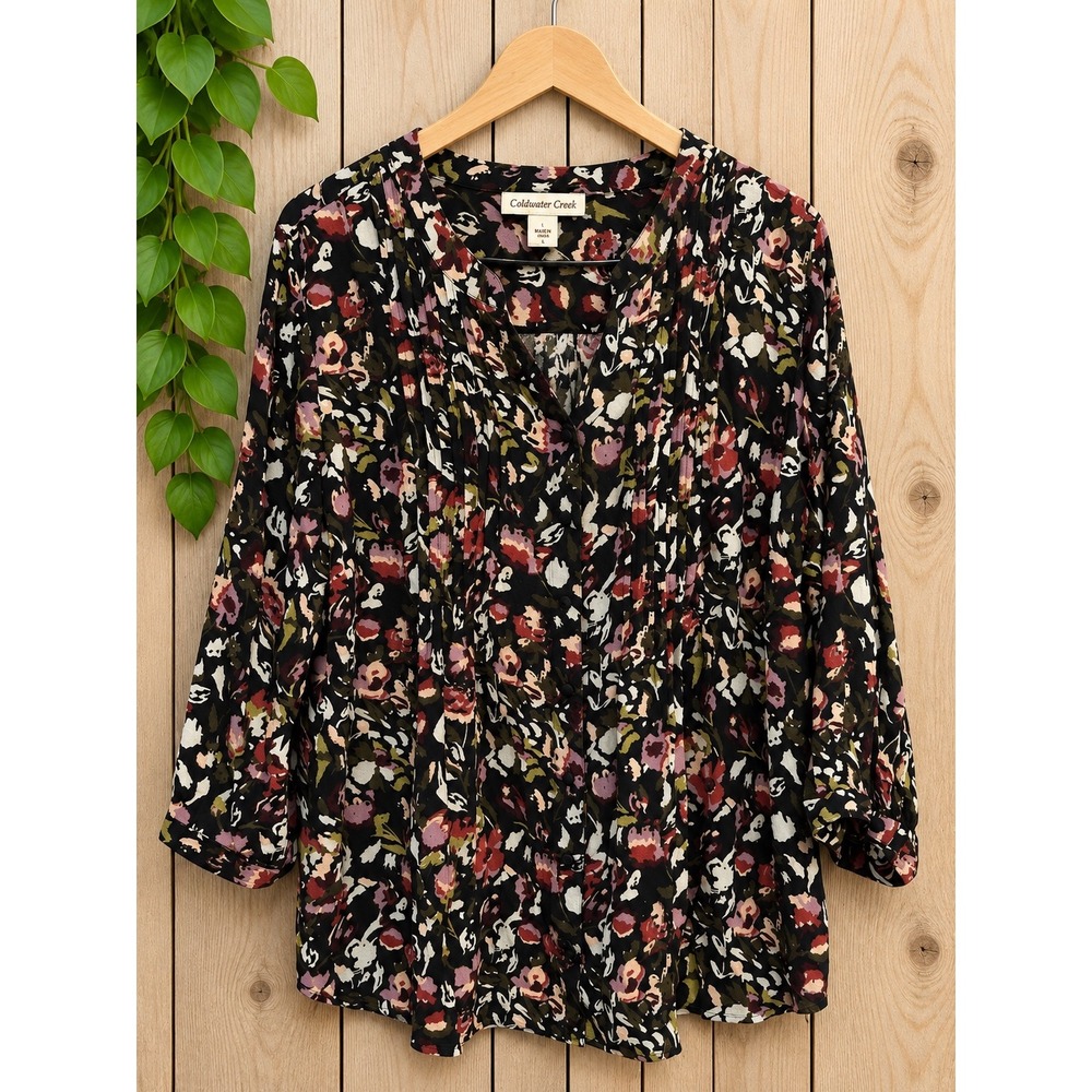 Coldwater Creek Women L Black Floral Pintuck Pleated 3/4 Sleeve Rayon Blouse Top